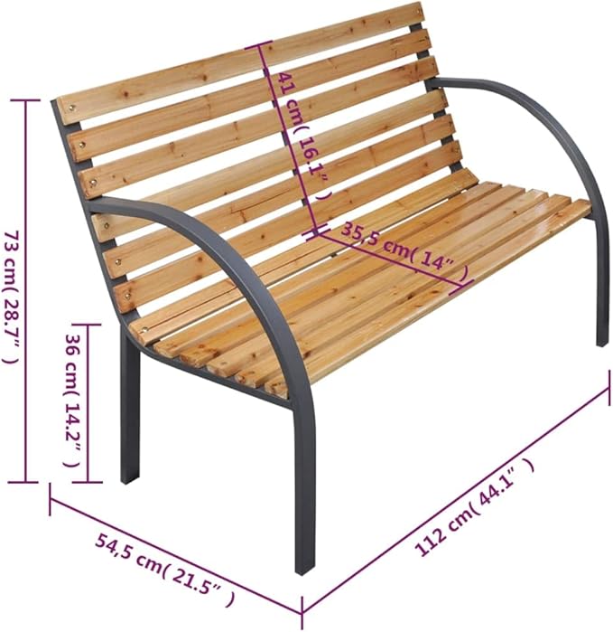 Garden Bench, Natural Fir Wood & Steel, Oiled Finish, 44.1-inch Outdoor Seating for Patio, Porch, Deck, Weatherproof Bench Seating