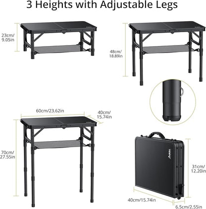Anbte Folding Camping Table with Storage Net, Pure Black Aluminum 2ft Picnic Table 23.2" x 16" Outdoor Table Adjustable Height Max 27.5", Lightweight, Waterproof, Portable Handle for Travel Cooking