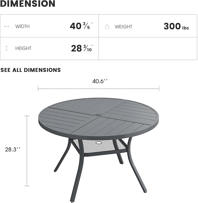 Patio Dining Table for 4, Round Metal Outdoor Table with Storage Shelf, 1.57" Umbrella Hole, 41" Outdoor Quartered Tabletop Dining Table for Backyard, Porch, Lawn, Dark Grey
