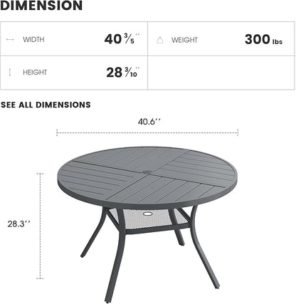 Patio Dining Table for 4, Round Metal Outdoor Table with Storage Shelf, 1.57" Umbrella Hole, 41" Outdoor Quartered Tabletop Dining Table for Backyard, Porch, Lawn, Dark Grey