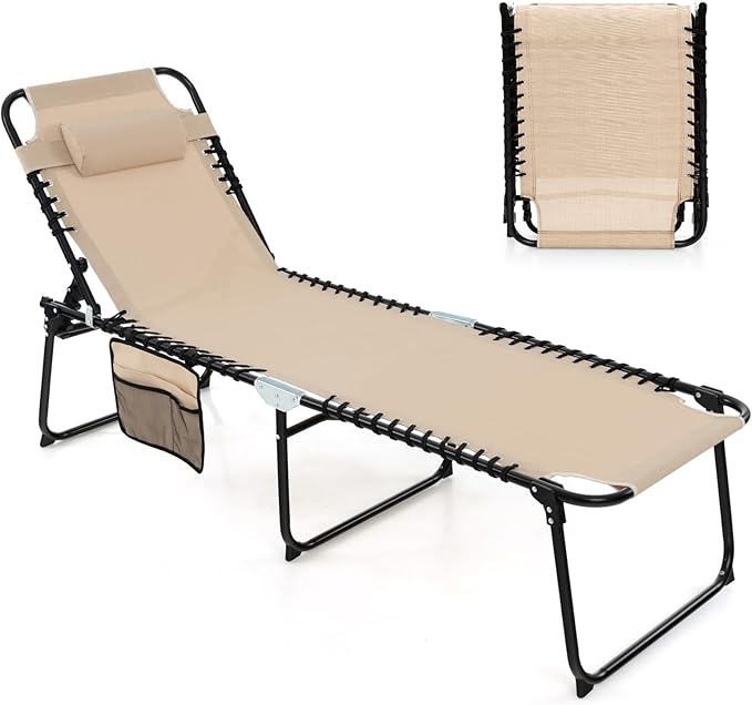 Goplus Chaise Lounge Chair Outdoor, Folding 5-Postion Beach Lounge Chair with Detachable Pillow, Side Pocket, Sunbathing Lounger, Adjustable Tanning Chair for Patio Lawn Pool Yard