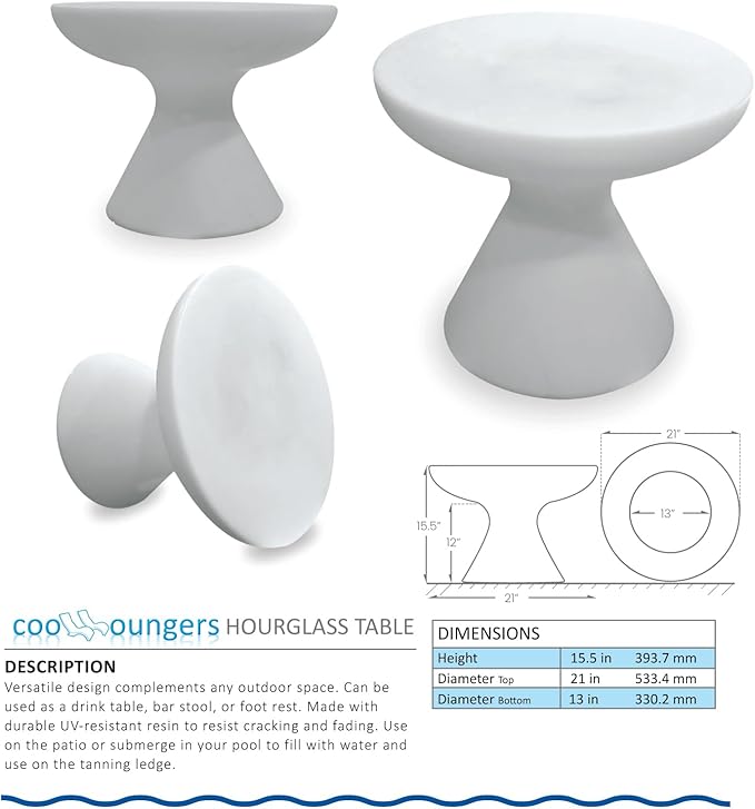 in Pool Chaise Lounge Chairs Set of 2 with Hourglass Side Table for Baja Sun Tanning Shelf Ledge, Handy Cup Holder, Suitable for Use in Water up to 6 Inches Deep, White