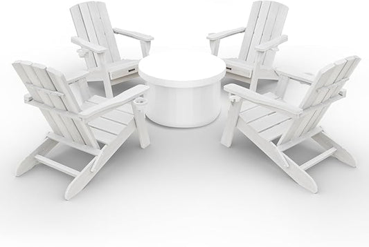 Folding Adirondack Chair Wood Texture 4 Pack, HDPE All-Weather Fire Pit Chairs, Plastic Adirondack Chairs with 2 Cup Holder, Outdoor Lawn Chair for Patio Garden (White)