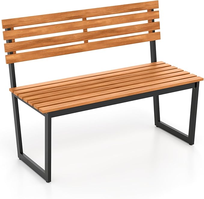 Giantex Outdoor Bench, 43"×22"×33" Acacia Wood Patio Loveseat with Backrest, Heavy Duty Metal Frame, 800 lbs Weight Capacity, 2-Person Garden Bench for Lawn, Porch, Yard and Park