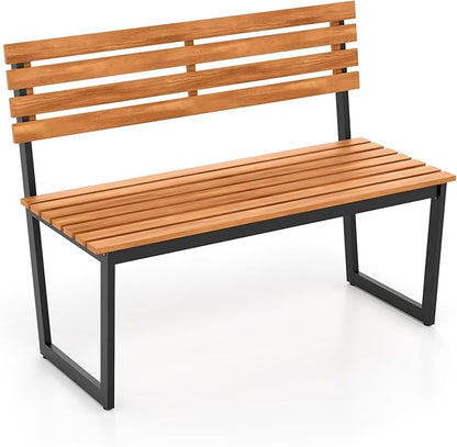 Giantex Outdoor Bench, 43"×22"×33" Acacia Wood Patio Loveseat with Backrest, Heavy Duty Metal Frame, 800 lbs Weight Capacity, 2-Person Garden Bench for Lawn, Porch, Yard and Park