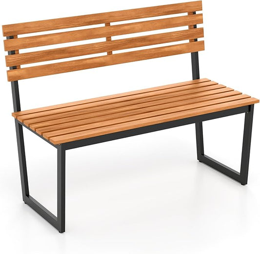 Giantex Outdoor Bench, 43"×22"×33" Acacia Wood Patio Loveseat with Backrest, Heavy Duty Metal Frame, 800 lbs Weight Capacity, 2-Person Garden Bench for Lawn, Porch, Yard and Park