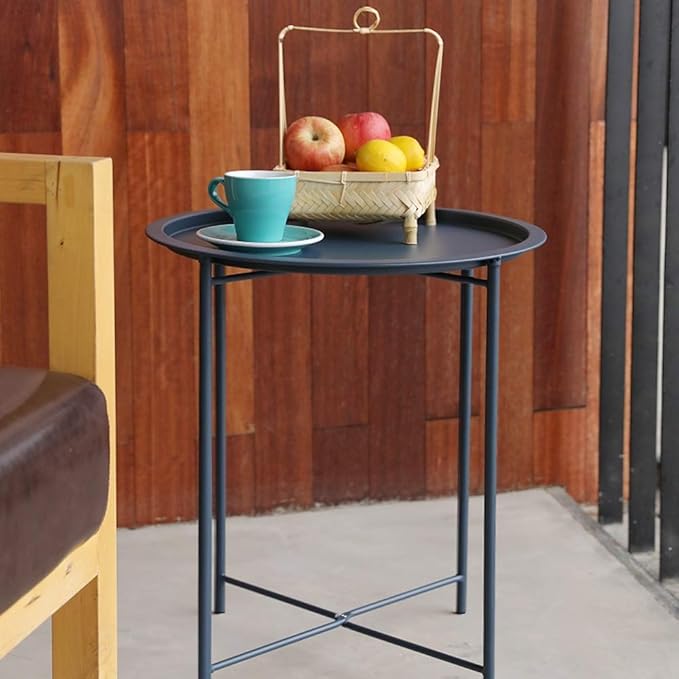 VECELO Side/End Table, Folding Round Metal Anti-Rust and Waterproof Outdoor or Indoor Tray for Living Room Bedroom - Photo 6