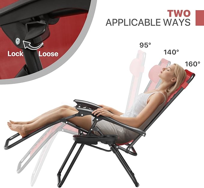 Magshion Folding Zero Gravity Chairs Set of 2, Outdoor Reclining Camping Chairs, Patio Lounge Recliners with Side Table & Cup Holder Tray, Maroon