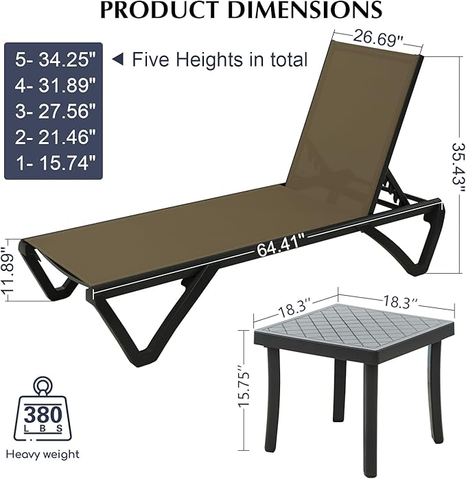 Domi Pool Lounge Chairs Set of 3, Aluminum Chaise Lounge Outdoor with Side Table - Photo 2
