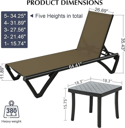 Domi Pool Lounge Chairs Set of 3, Aluminum Chaise Lounge Outdoor with Side Table, Patio Lounge Chair for Outside 5 Position Adjustable & Wheels, Pool Chairs for Poolside Garden