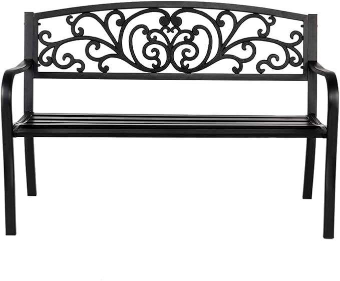 VINGLI 50" Patio Outdoor Metal Bench,Powder Coated Cast Iron Steel for Garden Path Yard Lawn Work Entryway Decor Deck, Black