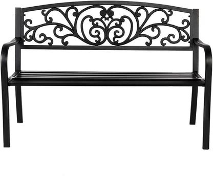 VINGLI 50" Patio Outdoor Metal Bench,Powder Coated Cast Iron Steel for Garden Path Yard Lawn Work Entryway Decor Deck, Black