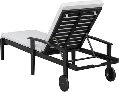 Outdoor Chaise Lounge Chair, Pool Lounge Chairs with Wheels, 5-Position Adjustable Backrest & Wood Frame, Patio Lounge Chair for Pool Poolside Sunbathing Backyard Beach (Black White)