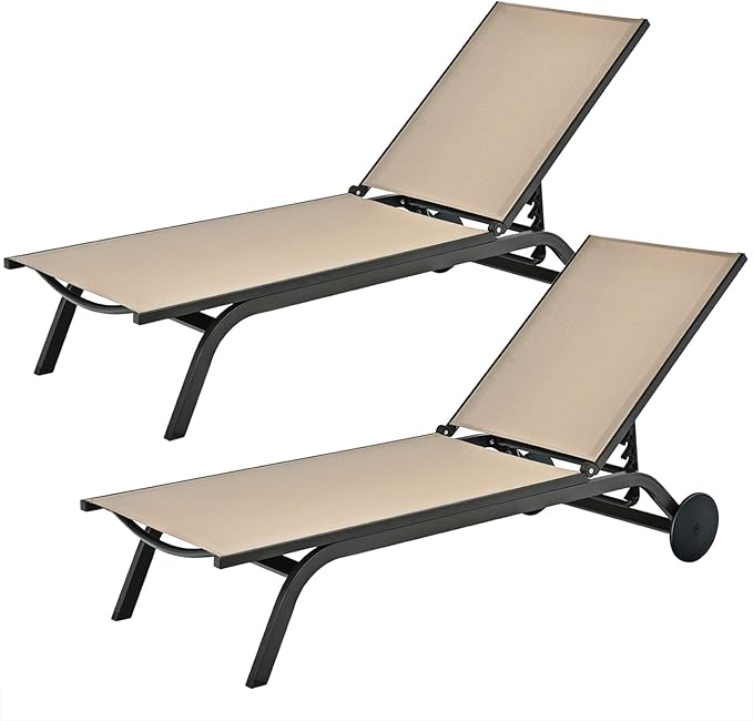 Tangkula Outdoor Aluminum Chaise Lounge, Patio Lounge Recliner Chair w/6 Adjustable Backrest, Reclining Chaise Chair with Wheels for Beach, Yard, Balcony, Poolside (2, Brown)