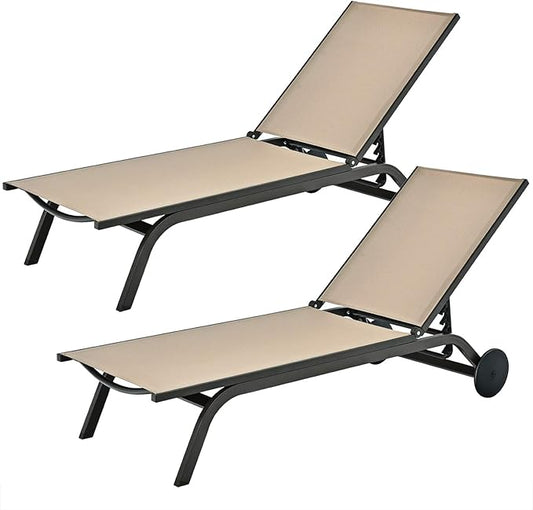 Tangkula Outdoor Aluminum Chaise Lounge, Patio Lounge Recliner Chair w/6 Adjustable Backrest, Reclining Chaise Chair with Wheels for Beach, Yard, Balcony, Poolside (2, Brown)