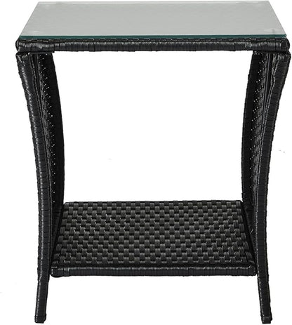 Wicker Rattan Side Table, Outdoor Square Rattan Coffee End Table with Tempered Glass Top and Storage for Patio Porch Lawn (Black)