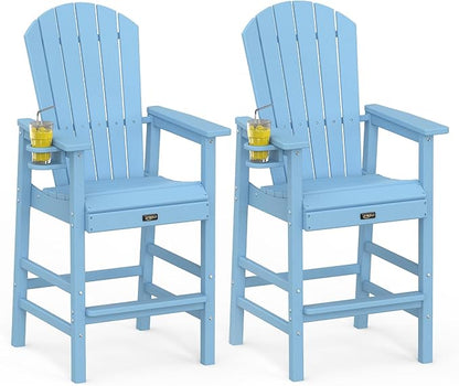 VINGLI Tall Adirondack Chairs Set of 2, All-Weather Plastic Adirondack Chair with Cup Holders, Heavy-Duty HDPE Outdoor Bar Stools for Patio, Balcony, Pool, Backyard (Blue, 2 PCS)