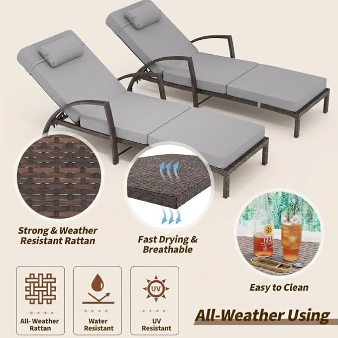 Outdoor Chaise Lounge Set of 2, 5-Position Adjustable PE Wicker Reclining Chairs with Wheels & 3.5" Cushions, 400 lbs Capacity All-Weather Patio Furniture for Poolside, Garden, Beach(Gray)