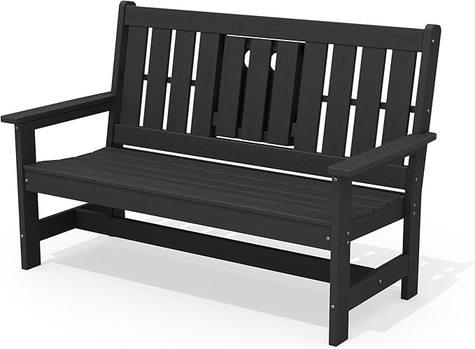 SERWALL Outdoor Bench with Cup Holder, 58" HDPE Garden Park Bench Suitable for 3 Person - Photo 1