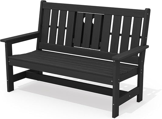 SERWALL Outdoor Bench with Cup Holder, 58" HDPE Garden Park Bench Suitable for 3 Person, All Weather Patio Benches with High Backrest and Wide Armrests for Garden, Park, Yard, Front Porch, Black
