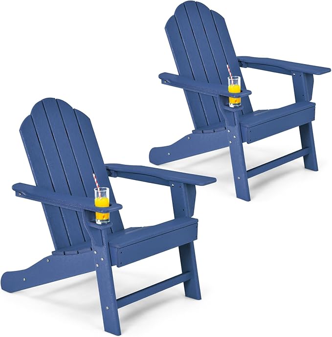Giantex Adirondack Chair, HDPE All-Weather Patio Chair with Built-in Cup Holder, Outside Composite Chairs, Lawn Chair for Campfire, Deck, Garden, Yard, Balcony, Outdoor Fire Pit Chairs (2, Navy)