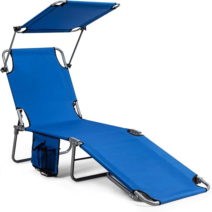 Giantex Tanning Chair, Patio Chaise Lounge Chair with 5 Adjustable Position, Shade Canopy, Storage Pocket, Camping Cot - Photo 1