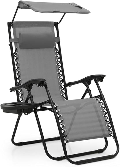 Athena Collection Folding Zero Gravity Chair with Canopy, Adjustable Lounge Chair Recliner, Outdoor Lawn Chair Camping Chairs Beach Chaise Chairs with Headrest & Cup Holder for Patio Pool, Gray