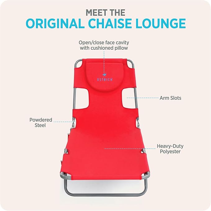 Ostrich the Original Chaise 72 x 22 Inch Lounge Portable Reclining Lounger, Outdoor Patio, Beach, Lawn, Camping, or Pool Tanning Chair, Red