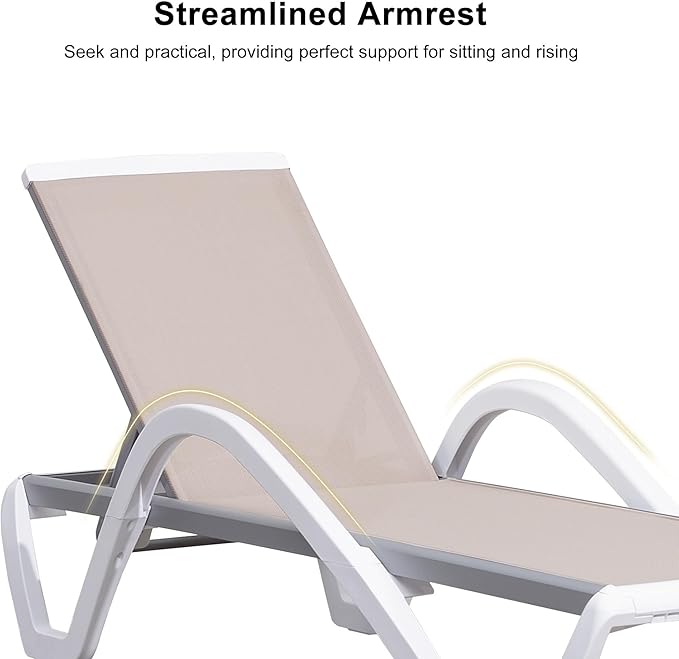 PURPLE LEAF Patio Chaise Lounge Chair Set Outside Aluminum Plastic Stackable Tanning Chairs with Armrests and Side Table for Pool Sunbathing Beach Deck Outdoor Lounger, Khaki