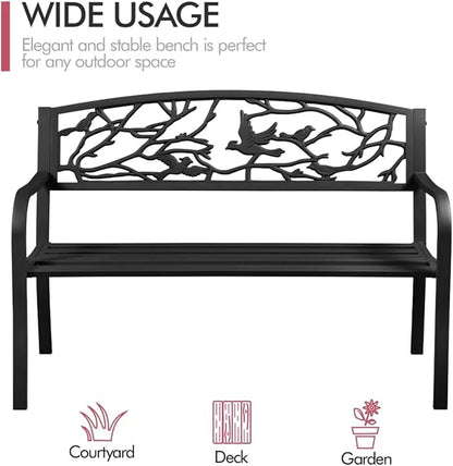 Patio Outdoor Park Loveseat Bench for Garden Porch Deck Made Cast Iron Anti-Rust Aluminum Metal, 2-3 Seater Aluminium Steel (Bird Pattern 50")