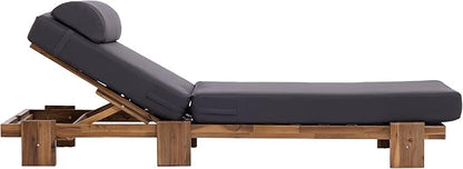 Merax 2 Piece 78.8'' Outdoor Patio Chaise Lounge Chair, Acacia Wood Adjustable Recliner with Headrest and Retractable Side Tray, Perfect for Terrace, Poolside, Garden, and Beach, Dark Gray