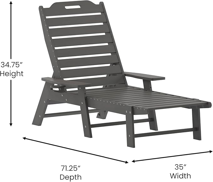 Flash Furniture Monterey Adjustable Adirondack Lounger with Cup Holder- All-Weather Indoor/Outdoor HDPE Lounge Chair, Gray