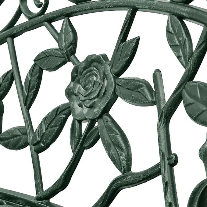Cast Aluminum and Cast Iron Garden Bench with Floral Pattern in Green Finish, 39.4 Inch Durable Outdoor Seating for Patio and Backyard, Comfortable Armrests and Easy