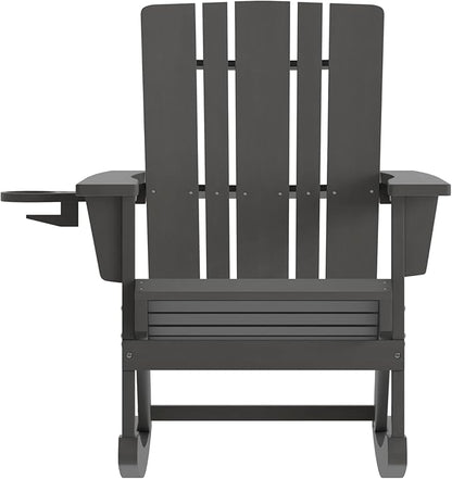 Flash Furniture Halifax Adirondack Rocking Chairs with Cup Holder, Weather Resistant Poly Resin Adirondack Rocking Chairs, Set of 2, Gray