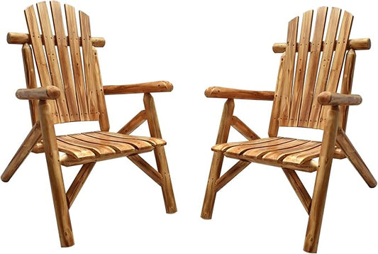 DJL Adirondack Wooden Chair Set of 2 Outdoor Patio Lounge Log Cabin Furniture Rustic Solid Wood Comfortable Seating for Porch, Balcony, Lawn, Fire Pit, Deck, Brown, 42.12 Inches Tall