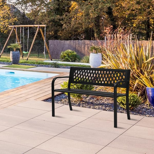 Patio Outdoor Park Loveseat Bench for Garden Porch Deck Made Cast Iron Anti-Rust Aluminum Metal, 2-3 Seater (47 Inch Cross Back Metal Bench)