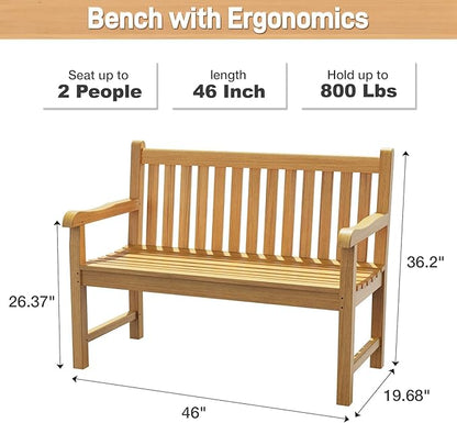 OTSUN Teak Bench Outdoor, 2-Person Wood Garden Bench with 800lb Capacity All-Weather Durable Fade-Resistant, Suitable for Courtyard Lawn Park Porche Backyard Patio & Deck