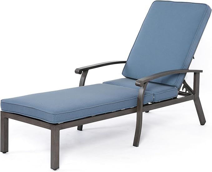 HOMEFUN Outdoor Chaise Lounge Chair, Hand-Brushed Wood Grain Cast Aluminum Reclining Lounger with Cushion - Photo 1
