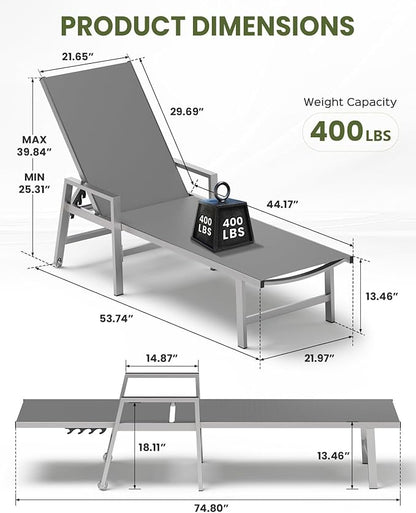 Patio Chaise Lounge Chair Outdoor with Wheels&Armrests, Aluminum Pool Lounge Chairs Five-Position Adjustable Recliner with Side Table, Outdoor Beach Lounge Chairs for Poolside, Deck, Garden, Dark Gray
