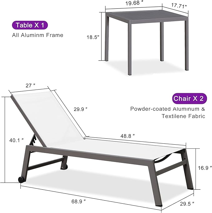 PURPLE LEAF Outdoor Chaise Lounge Set for 2 Oversized Pool Lounge Chairs with Easy-to-Move Wheels and Adjustable Backrest Extra Large Patio Loungers for Poolside Deck Beach Yard Table Included, White