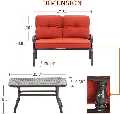 Outdoor 2 Pcs Patio Loveseat Bench Set with Bistro Coffee Table and Patio Steel Frame Sofa with Cushion, Wrought Iron Look, Lawn Front Porch Garden (Red)