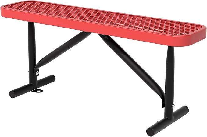 4 Ft Metal Park Benches for Outside, Outdoor Backless Bench with Thermoplastic Coating, Portable Frame, Commercial Expanded Metal Mesh Bench for Shopping Mall, Store, Park, Patio, Deck, Red