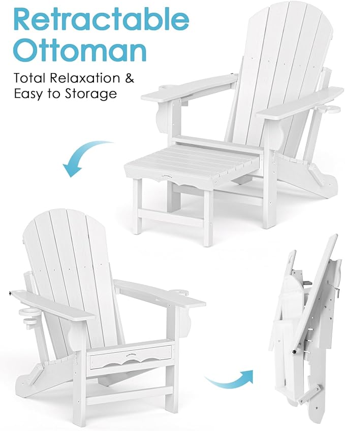 Folding Adirondack Chair with Ottoman, Recyclable HDPE Adirondack Patio Chair with 2 Cup Holder, Outdoor Fire Pit Chairs with Pull Out Footrest, Weather Resistant for Garden, Deck, Poolside, White