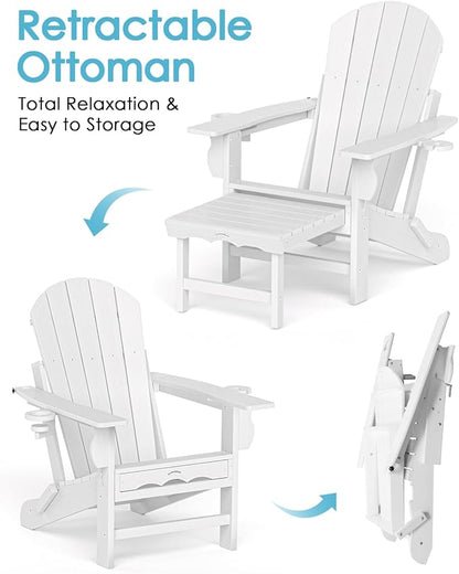 Folding Adirondack Chair with Ottoman, Recyclable HDPE Adirondack Patio Chair with 2 Cup Holder, Outdoor Fire Pit Chairs with Pull Out Footrest, Weather Resistant for Garden, Deck, Poolside, White