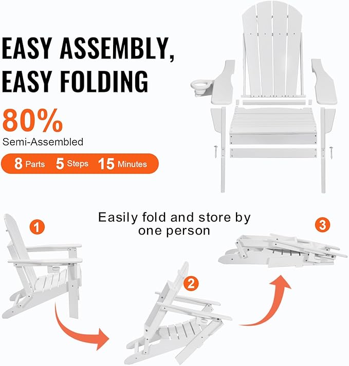 Happybuy Adirondack Chair Plastic, Set of 2 All-Weather Portable Folding Fire Pit Chair, Outdoor Adirondack Patio Chair with Cup Holder, with Relaxing Arm Rest Ergonomic, for Garden, Backyard - White
