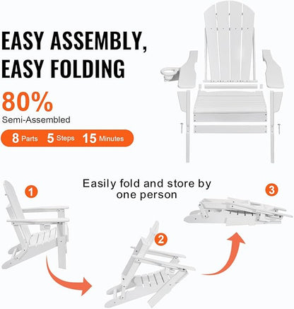 Happybuy Adirondack Chair Plastic, Set of 2 All-Weather Portable Folding Fire Pit Chair, Outdoor Adirondack Patio Chair with Cup Holder, with Relaxing Arm Rest Ergonomic, for Garden, Backyard - White
