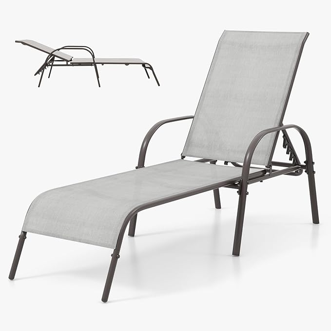Nightcore Chaise Lounge Chair Outdoor, Pool Chair with 5 Adjustable Backrest, Patio Lounge Chairs with Breathable Fabric, Comfortable Armrest, Chaise Lounge for Patio, Pool, Bench (1, Light Grey)