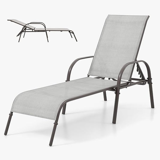 Nightcore Chaise Lounge Chair Outdoor, Pool Chair with 5 Adjustable Backrest, Patio Lounge Chairs with Breathable Fabric, Comfortable Armrest, Chaise Lounge for Patio, Pool, Bench (1, Light Grey)