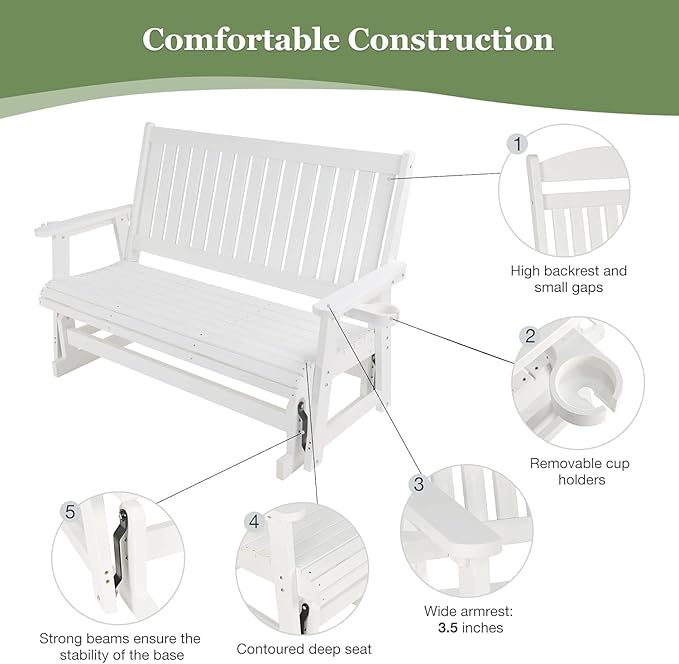 HIPS Patio Glider with Cup Holders, Durable Poly Lumber Material, All-Weather Resistant, High Backrest and Deep Contoured Seat, Heavy Duty 900 LB, for Outdoor, Porch, Patio (Ivory White, 3-Seat)