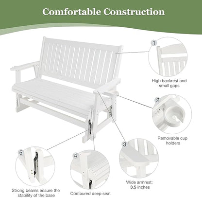 HIPS Patio Glider with Cup Holders, Durable Poly Lumber Material, All-Weather Resistant, High Backrest and Deep Contoured Seat, Heavy Duty 900 LB, for Outdoor, Porch, Patio (Ivory White, 3-Seat)